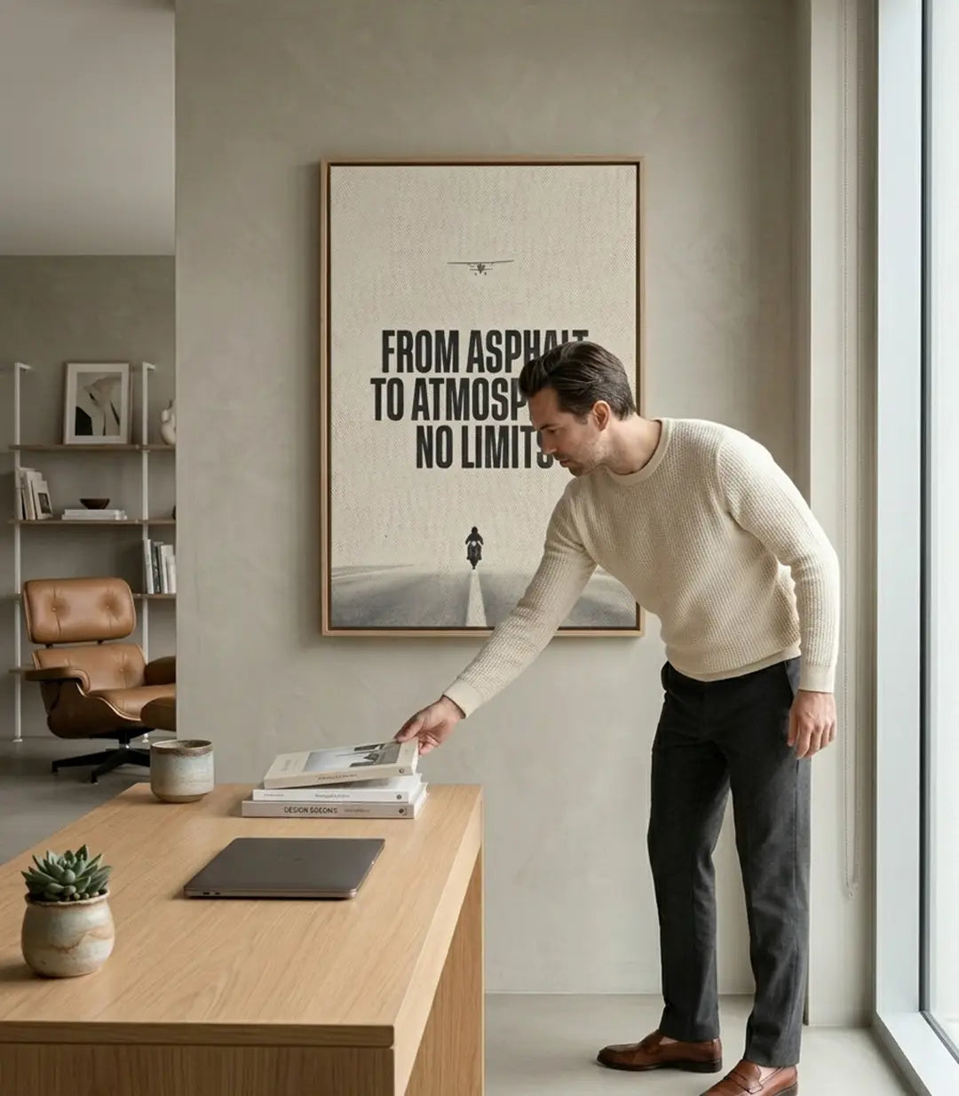 Mise en situation décoration bureau moderne avec tableau citation motivante No Limits cadre noir Massinart