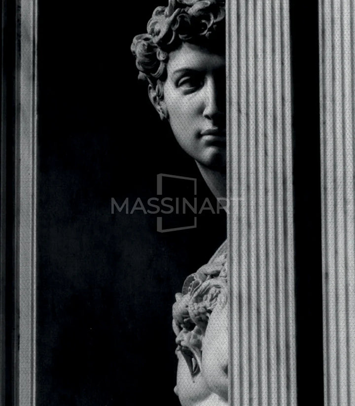 Détail cadrage tableau sculpture David, colonnes et profil classique, Massinart