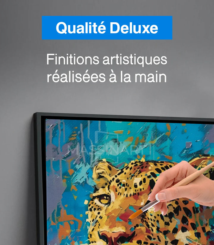 Tableau léopard bleu turquoise jaune or mise en situation Massinart