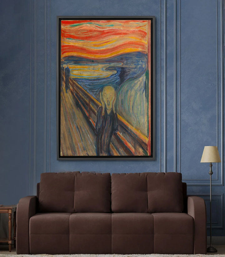 Mise en situation salon moderne avec Tableau Le Cri expressionniste encadré noir, décoration murale Massinart