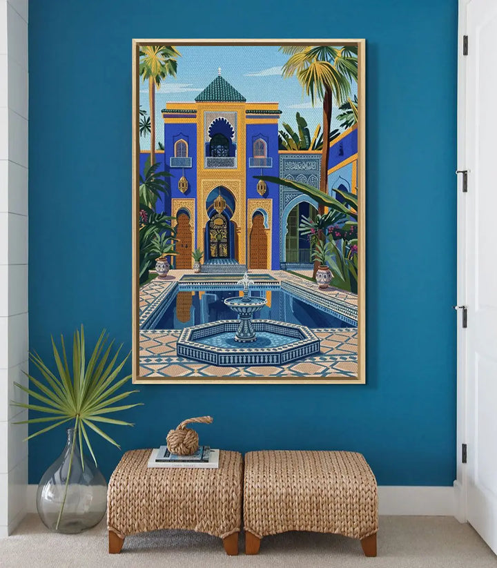 Décoration intérieur chambre — tableau riad marocain bleu vertical Massinart