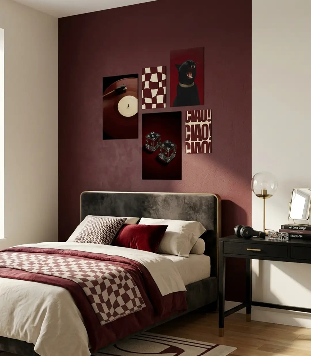 Tableau Velvet dés jeu vintage fond bordeaux Massinart