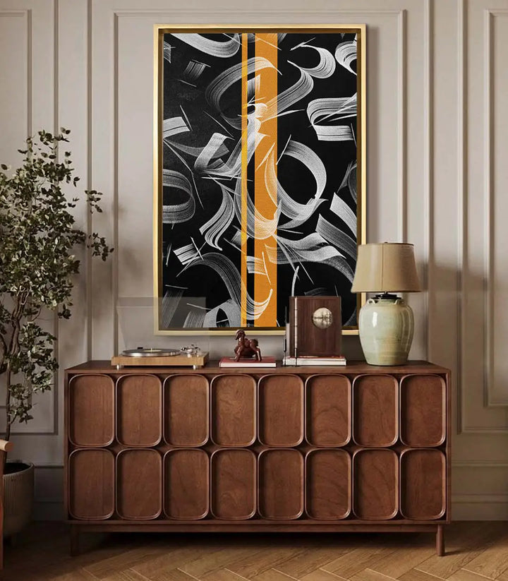 Mise en situation salon moderne — Tableau Golden Script Massinart décoration murale