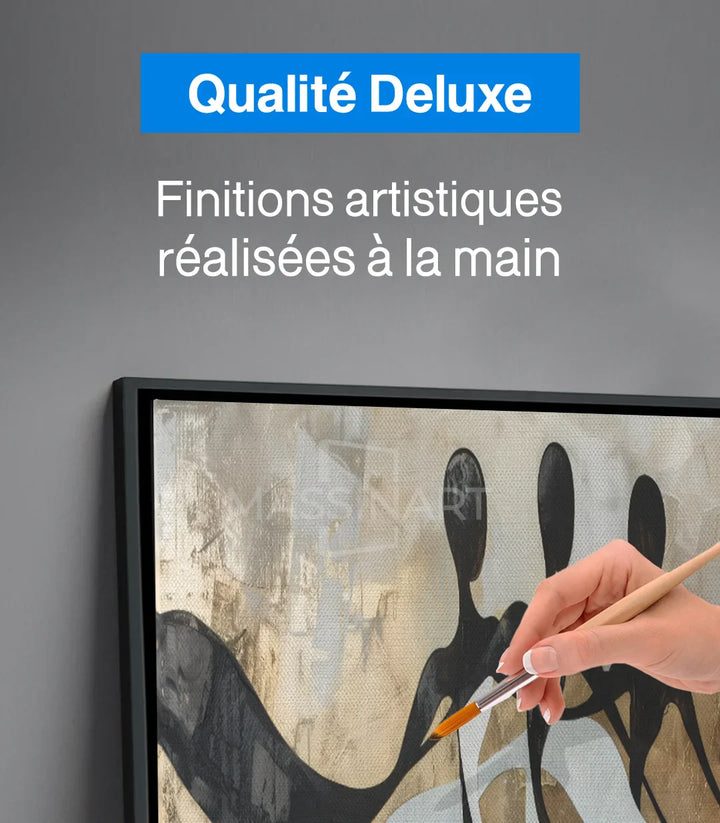 Détail peinture abstraite danseurs, textures beige doré noir Massinart