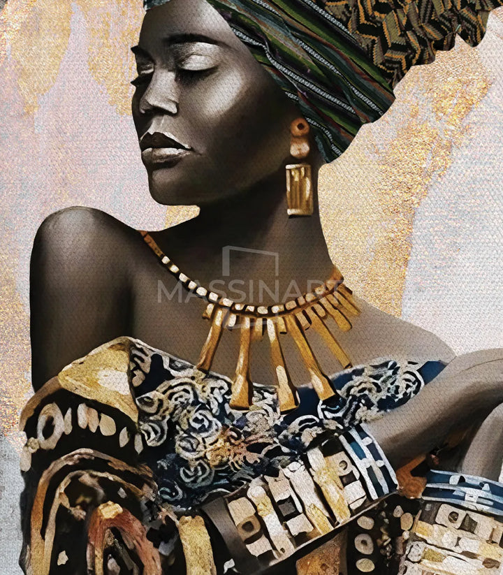 Tableau African Queen décoration murale moderne palette or noir beige Massinart