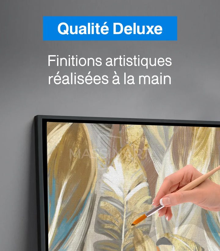 Détail texture tableau feuilles doré blanc gris Massinart