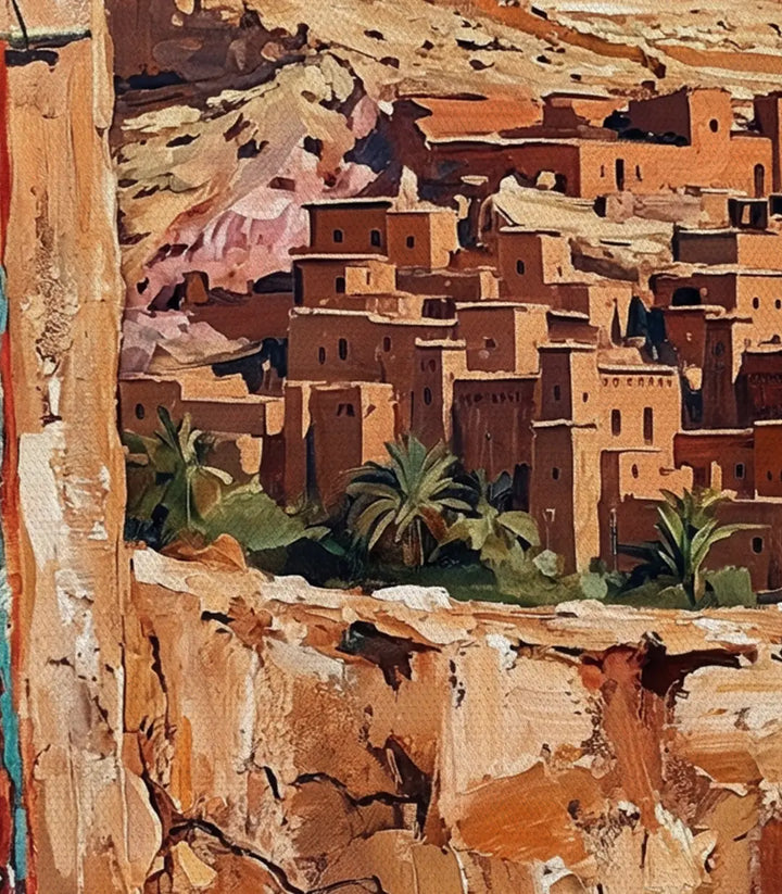 Ambiance salon avec tableau Kasbah rouge et décor marocain Massinart