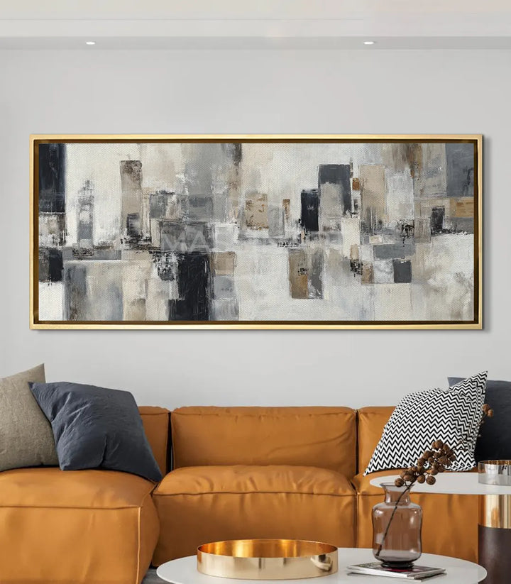 Mise en situation salon moderne, Tableau Cérène au-dessus canapé orange, Massinart