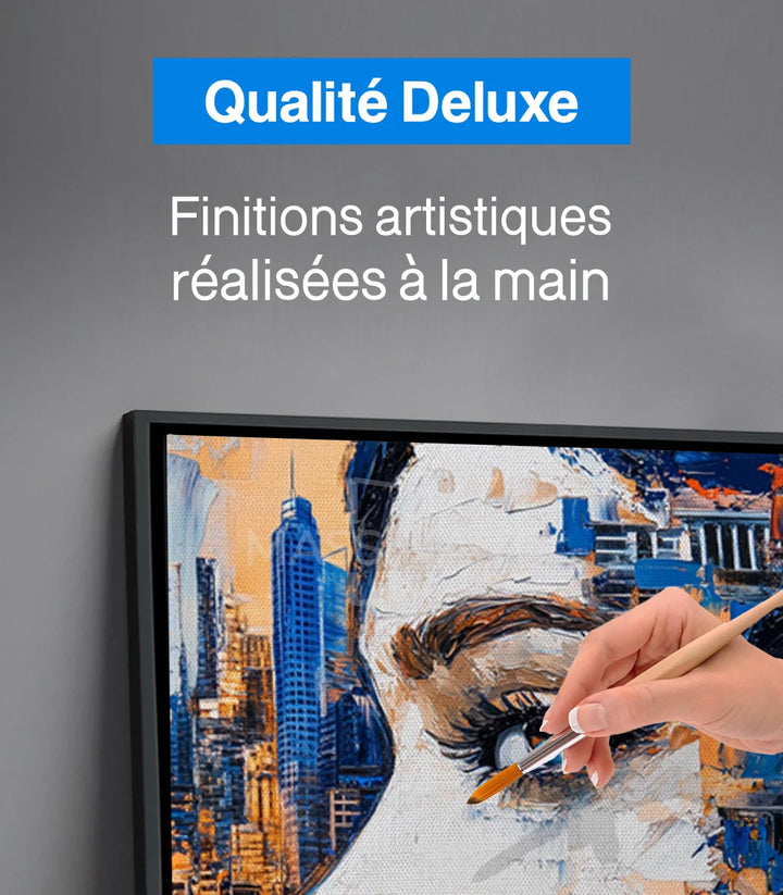 Tableau City Vision femme urbaine architecture bleue orange — Massinart