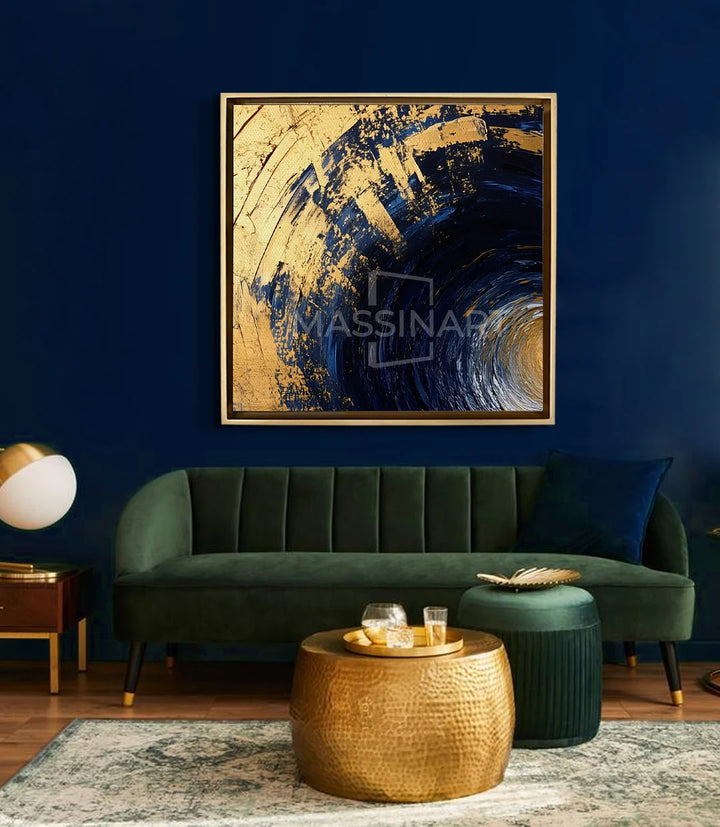Détail palette couleurs — Or, bleu et noir du Tableau Golden Vortex, mouvement spiral Massinart
