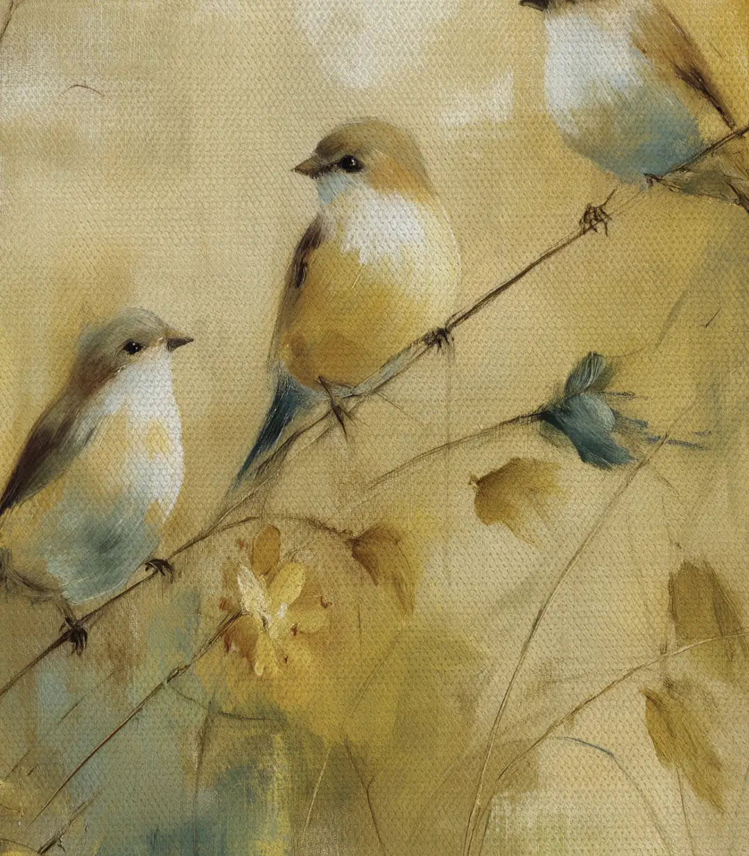 Détail tableau Songbirds Massinart — oiseaux minimalistes tons neutres beige