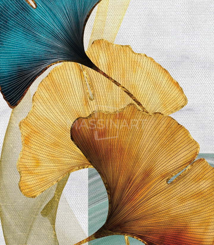 Composition triptyque moderne — feuilles ginkgo abstraites bleu turquoise, Massinart
