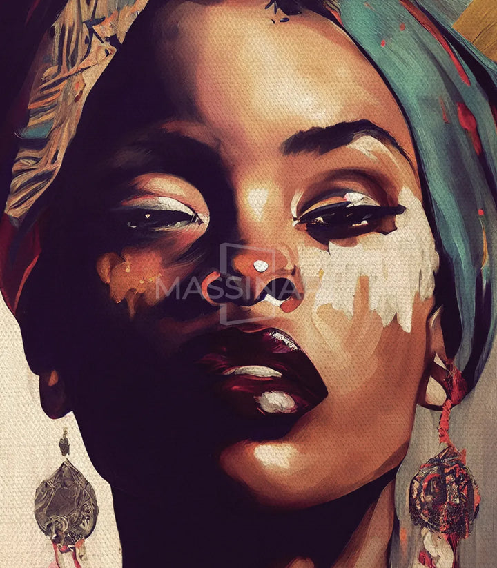 Détail tableau portrait femme, expression sereine et foulard coloré — Massinart