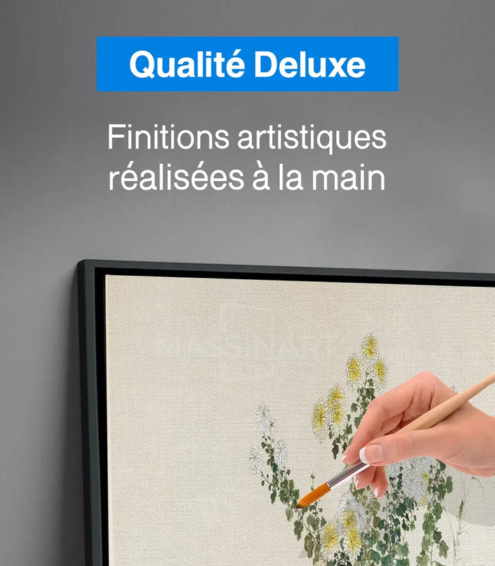 Mise en situation séjour Tableau Flourish Massinart — tableau floral décoration apaisante