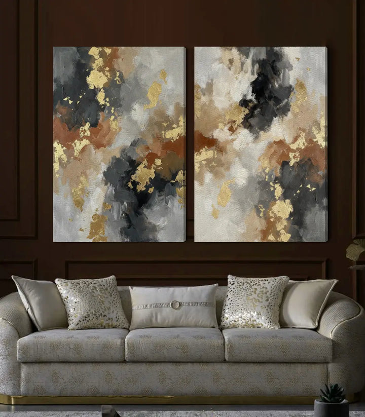 Détail droit tableau abstrait Filons d'Or — composition minimaliste gris terracotta Massinart