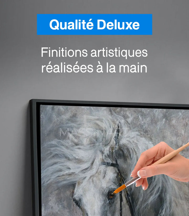 Tableau portrait de cheval blanc cadre noir Massinart — salon marocain