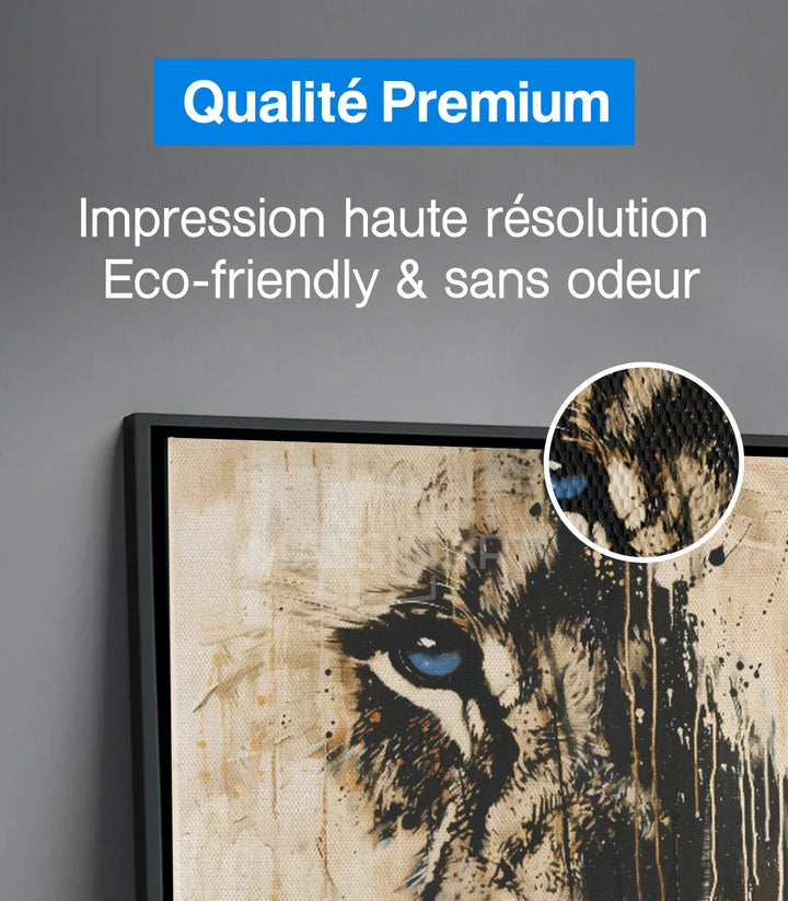 Toile lion yeux bleu Massinart — détail texture et technique mixte