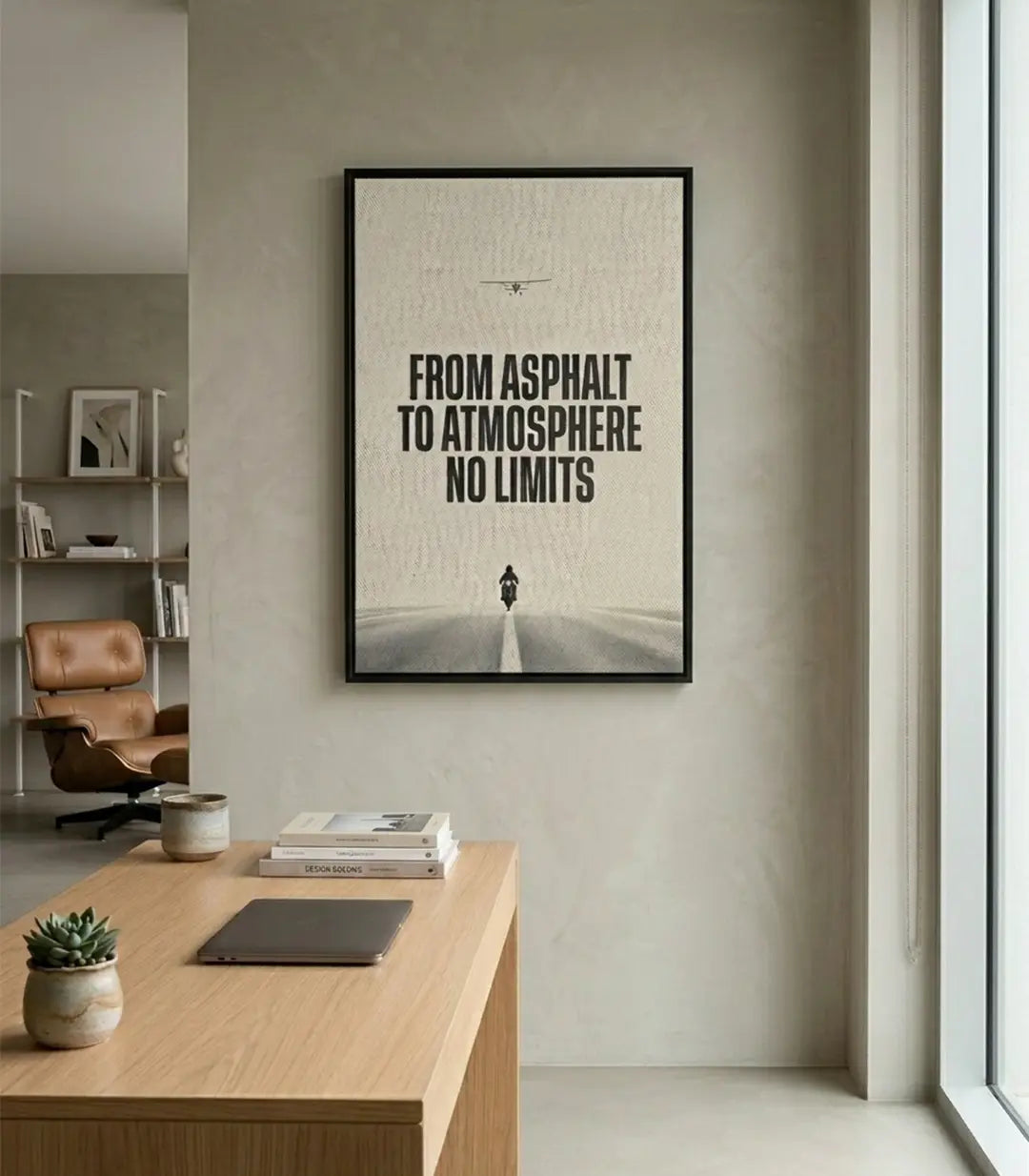 Tableau citation From Asphalt to Atmosphere No Limits minimaliste avec motard sur route infinie, tons beige et noir Massinart