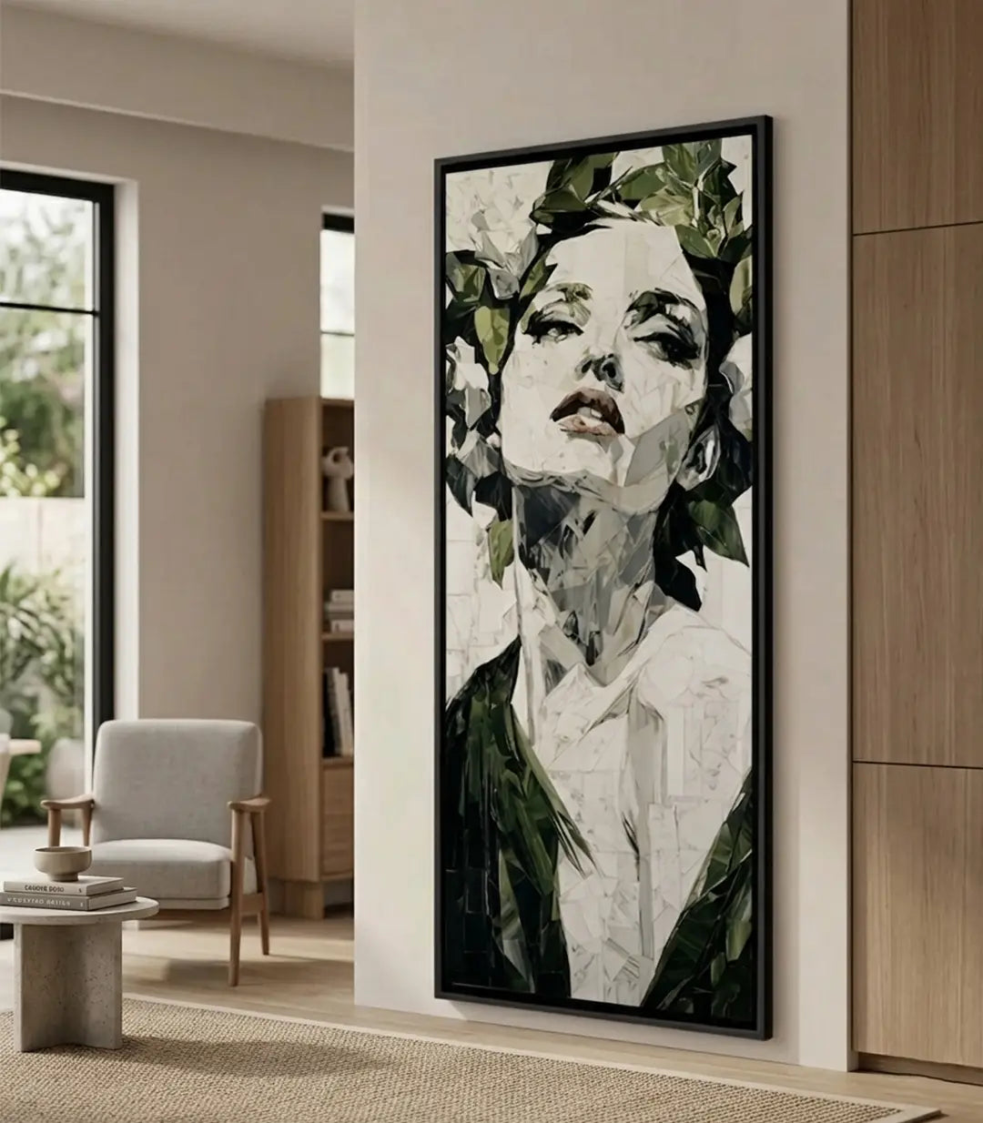 Tableau Facets of Her Massinart — portrait femme avec feuillage vert et blanc, style contemporain