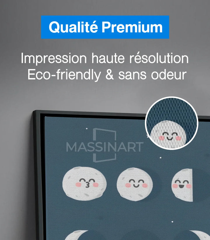 Tableau phases de lune Massinart — ambiance chambre enfant avec peluches