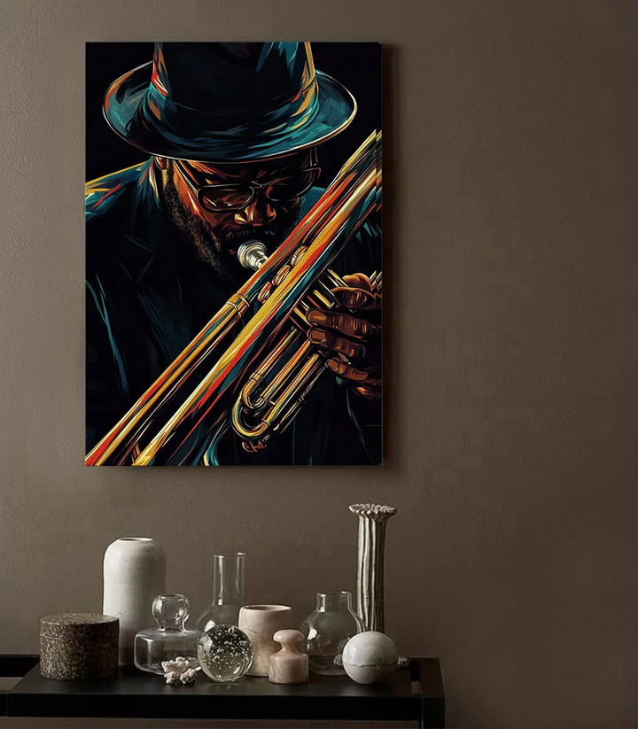 Tableau Jazz Whispers mise en situation salon moderne ambiance décoration Massinart