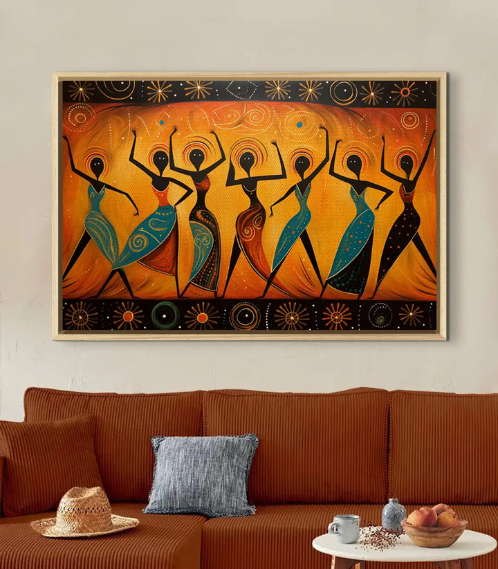 Tableau Tribal Dance en mise en situation salon — décoration intérieur moderne canapé terracotta Massinart