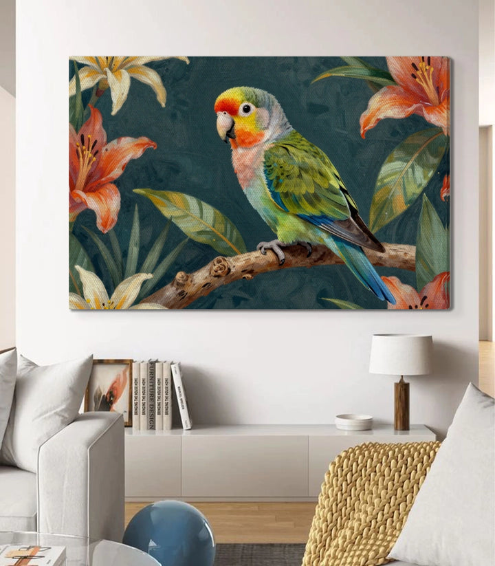 Tableau Parrot Bloom mise en situation salon moderne décoration murale Massinart