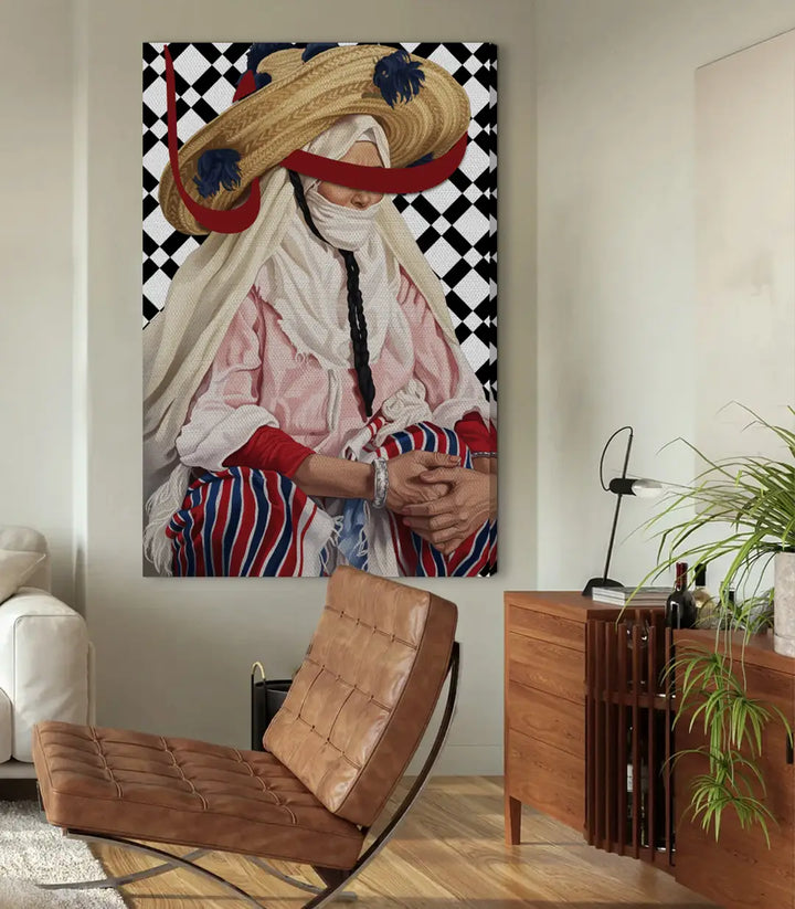 Tableau figuratif femme voilée zellige noir blanc rouge — Massinart