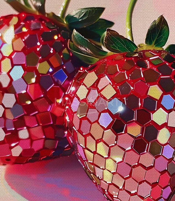 Détail pédoncule et feuillage vert du tableau fraises géométriques — Massinart