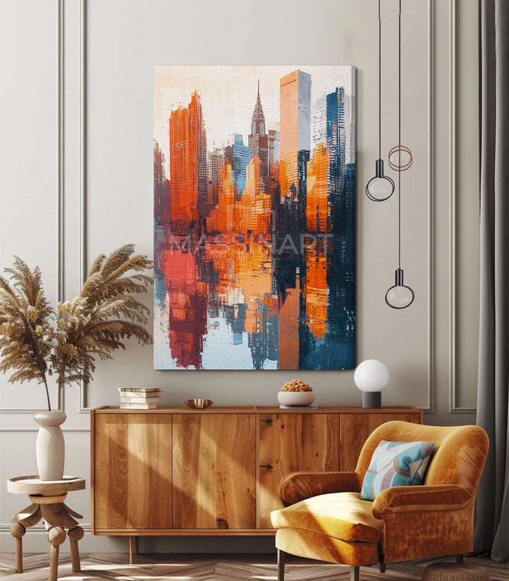 Tableau skyline urbain vertical — détail couleurs orange bleu doré Massinart