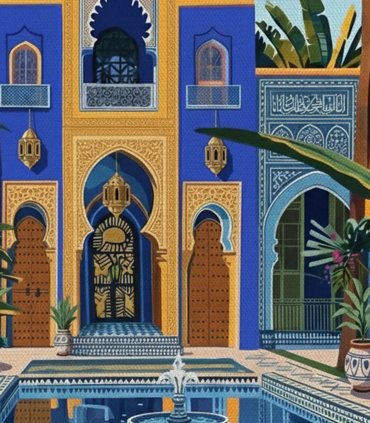 Détail tableau Blue Riyadh — façade bleue dorée zelliges Massinart