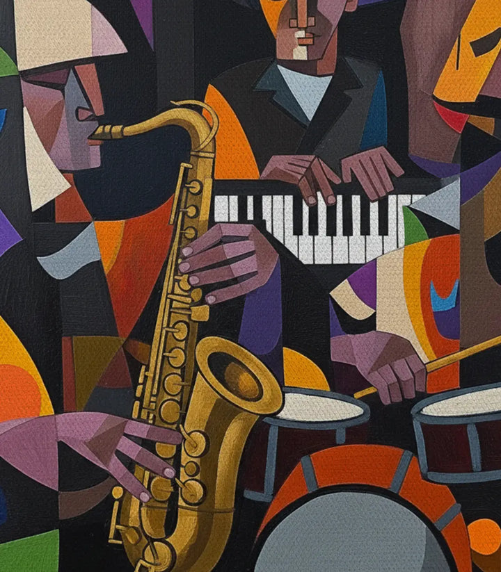 Tableau Cubist Groove mise en situation chambre à coucher — peinture murale expressionniste Massinart