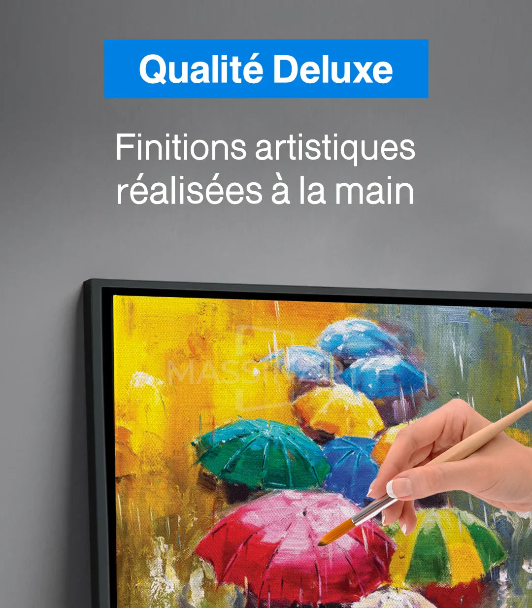Mise en situation intérieur — Tableau scène pluie parapluies colorés Massinart