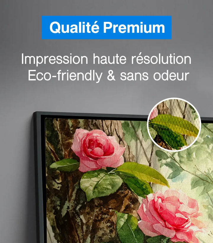 Détail tableau floral Rosy Branch Massinart — roses roses texturées et feuilles vertes