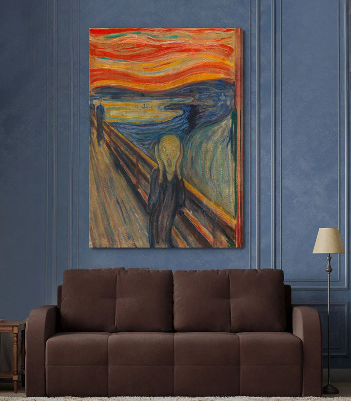 Mise en situation couloir avec Tableau Le Cri encadré cadre noir, décoration murale Massinart