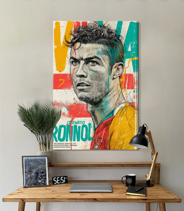 Tableau portrait football — Ronaldo style pop-art couleurs vives bleu rouge jaune Massinart