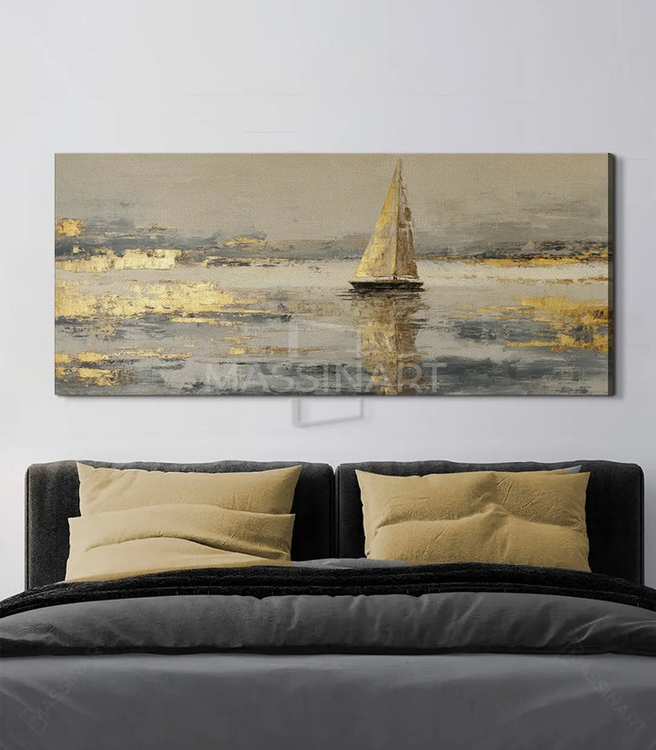 Détail texture — Peinture voilier Sail Glow, technique mixte dorée et grise Massinart