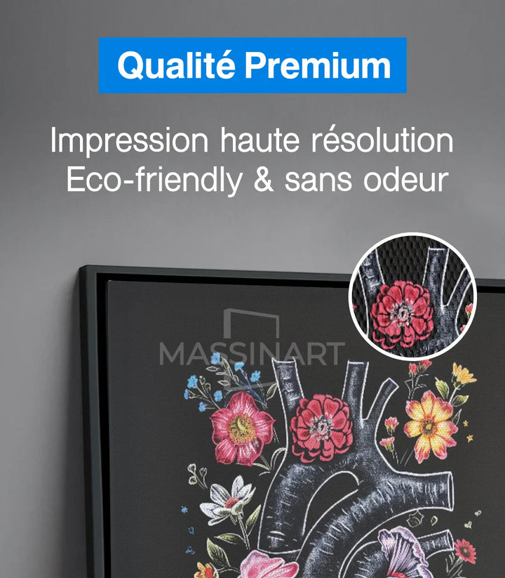 Détail motifs floraux — roses et fleurs jaunes sur anatomie coeur Massinart