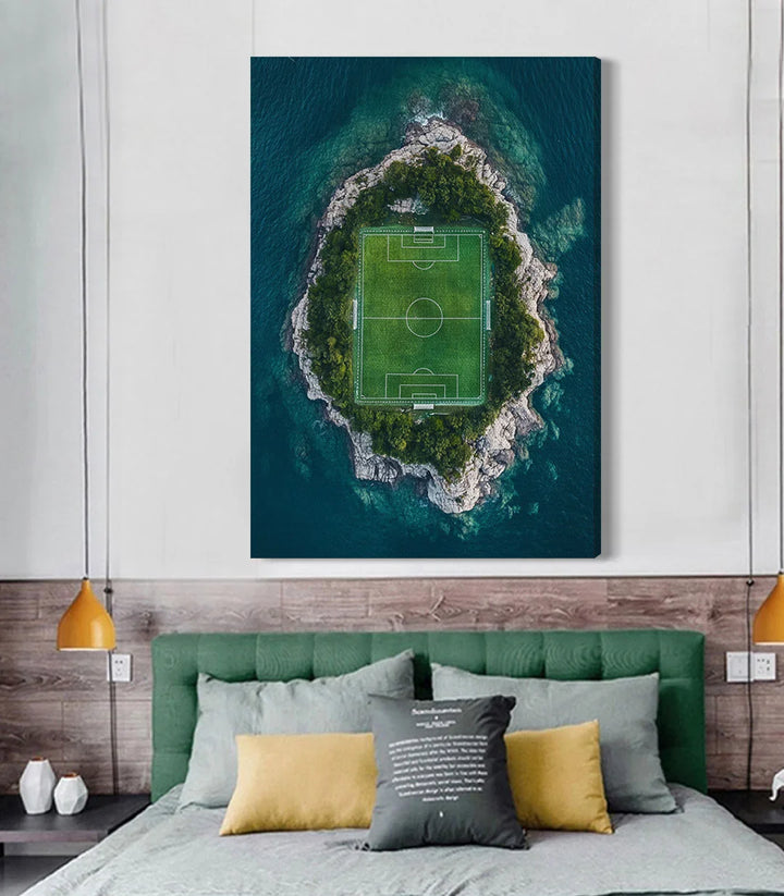 Tableau Seaside Stadium en contexte décoration chambre — harmonie couleurs bleu vert jaune