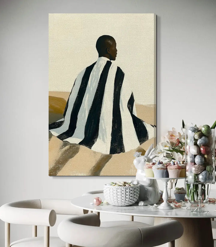 Tableau Striped mise en situation salle à manger Massinart — portrait minimaliste noir blanc