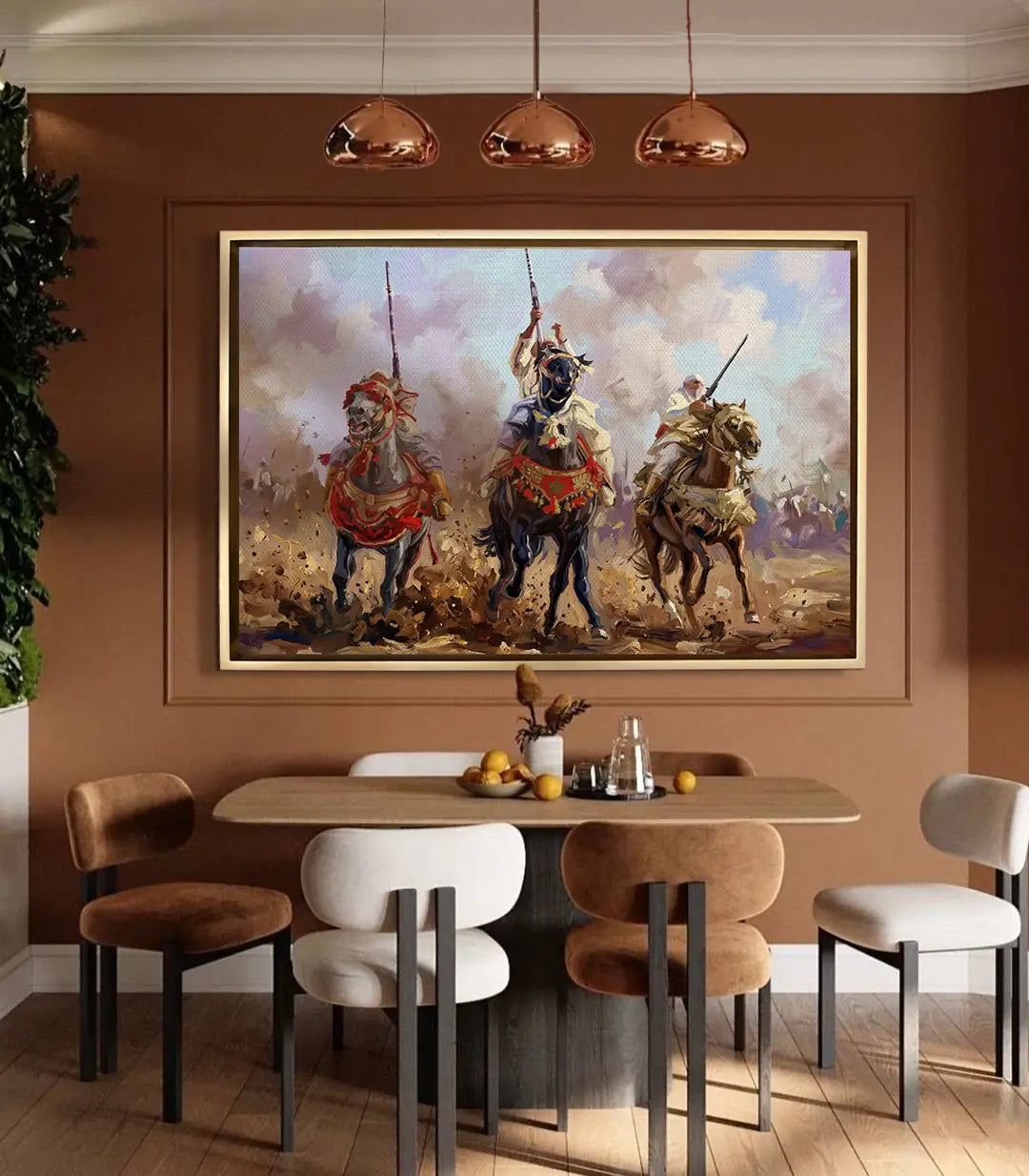 Mise en situation salon moderne Baroud tableau guerriers chevaliers Massinart