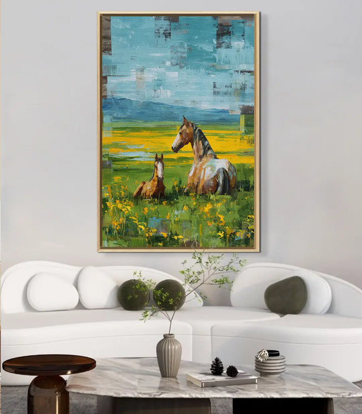Tableau Resting Horses Massinart — détail paysage champêtre avec fleurs sauvages