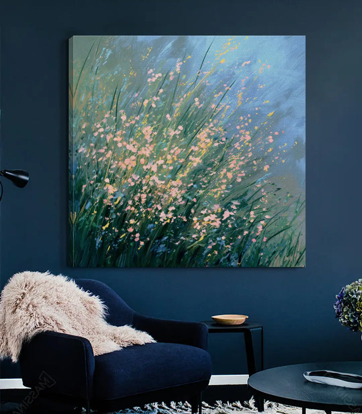 Simulation chambre à coucher tableau champ fleurs Massinart