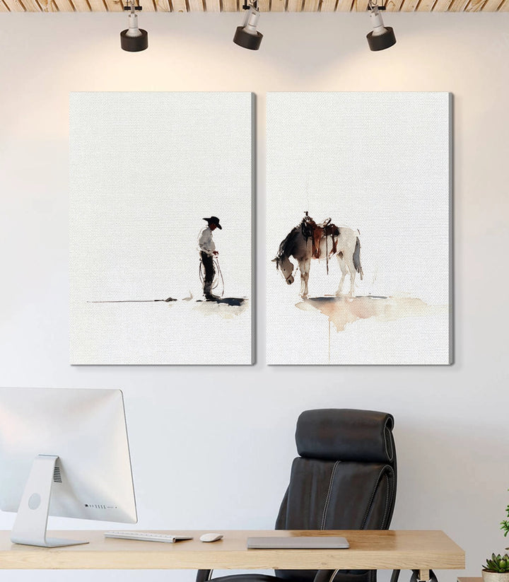 Détail cowboy solitaire - Tableau Western aquarelle Massinart