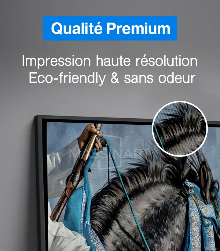 Ambiance salon contemporain — tableau Heritage Ride cheval marocain avec sofa bleu Massinart