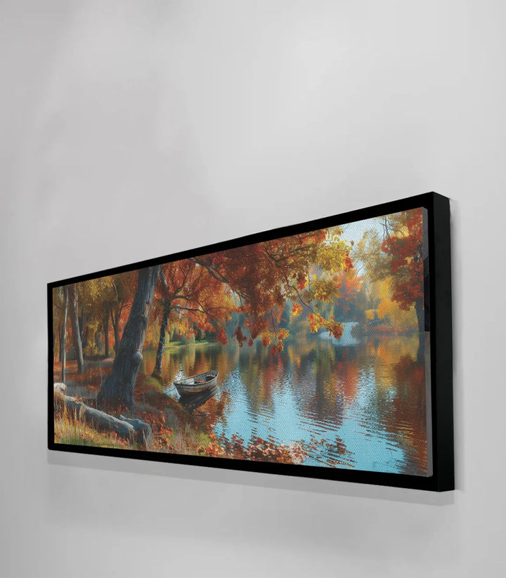 Tableau paysage automnal Massinart — vue d'ensemble barque lac forêt tons naturels