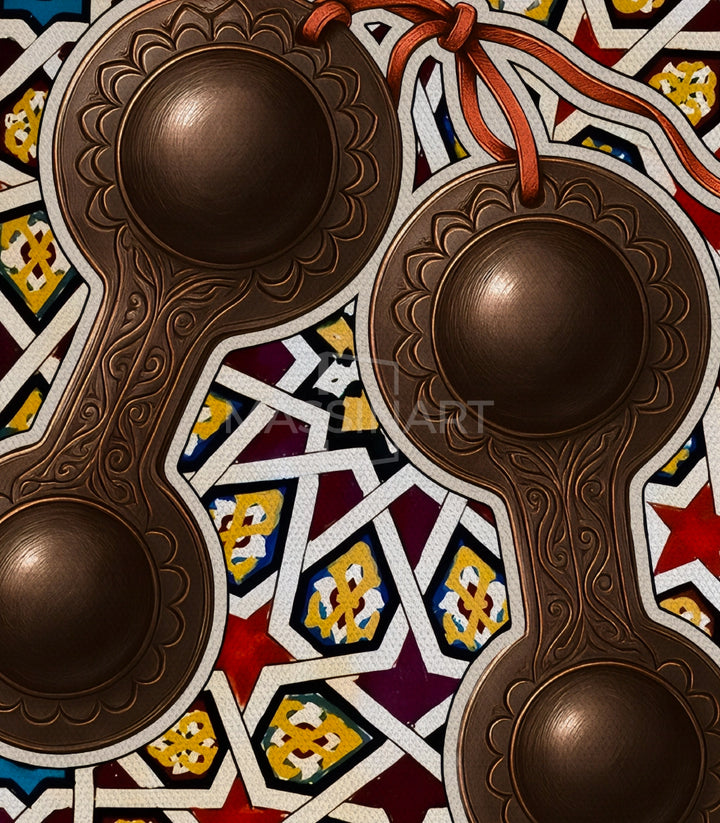 Tableau Qraqeb Rhythms Massinart — détail motif géométrique islamique