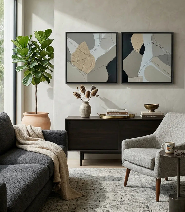Tableau Clay Relief Massinart — mise en situation salon design, diptyque au-dessus canapé beige