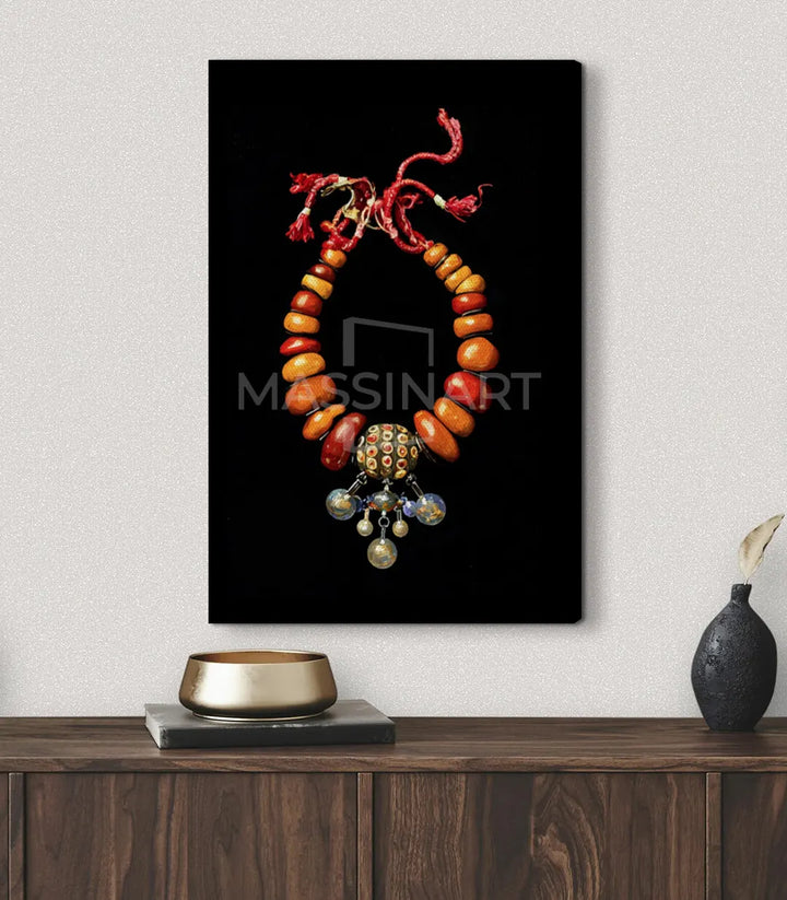 Tableau art ethnique maroc, collier perles corail ambre détails dorés Massinart