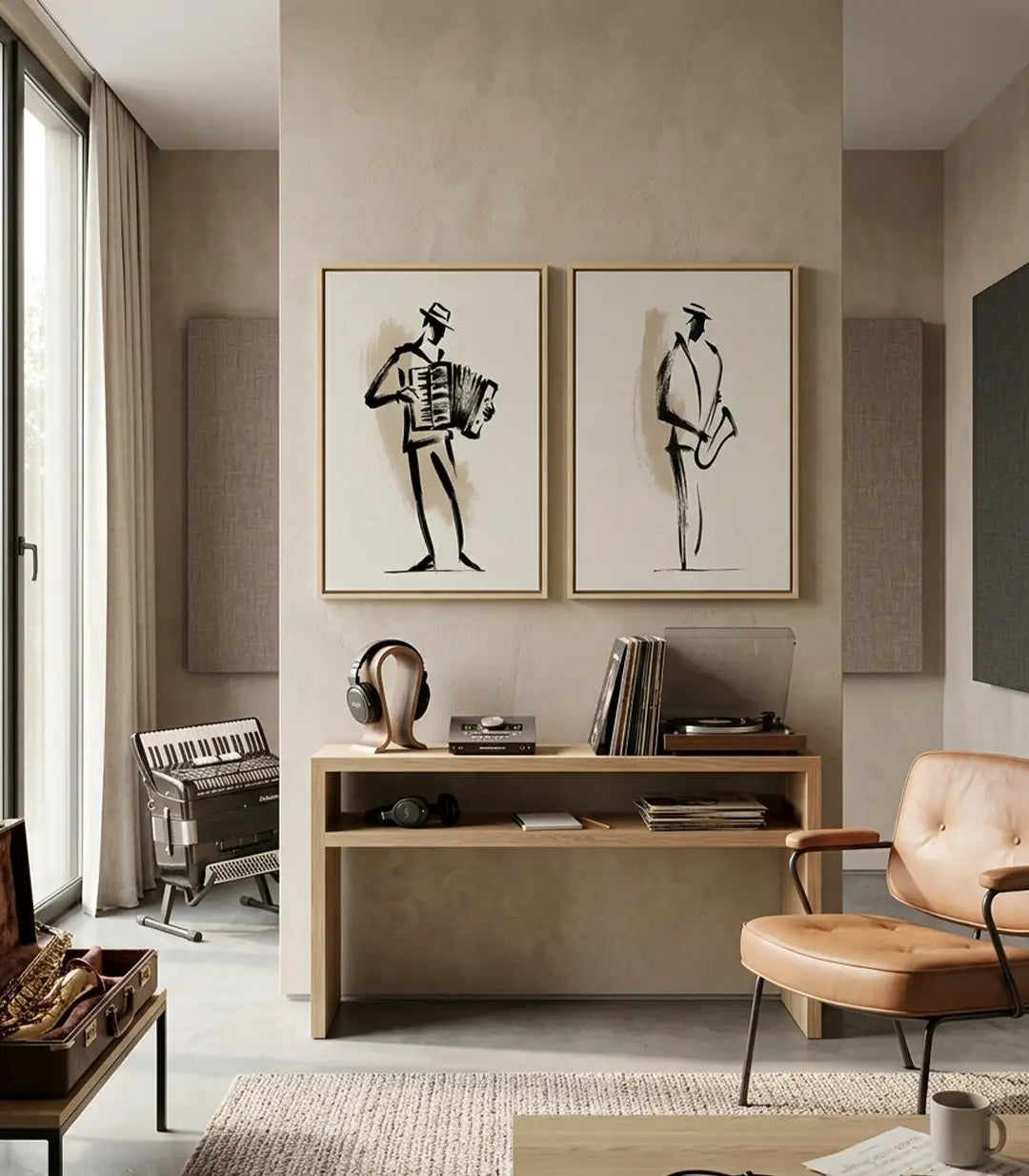 Tableau Jazz Duet diptyque — deux musiciens silhouettes noires Massinart